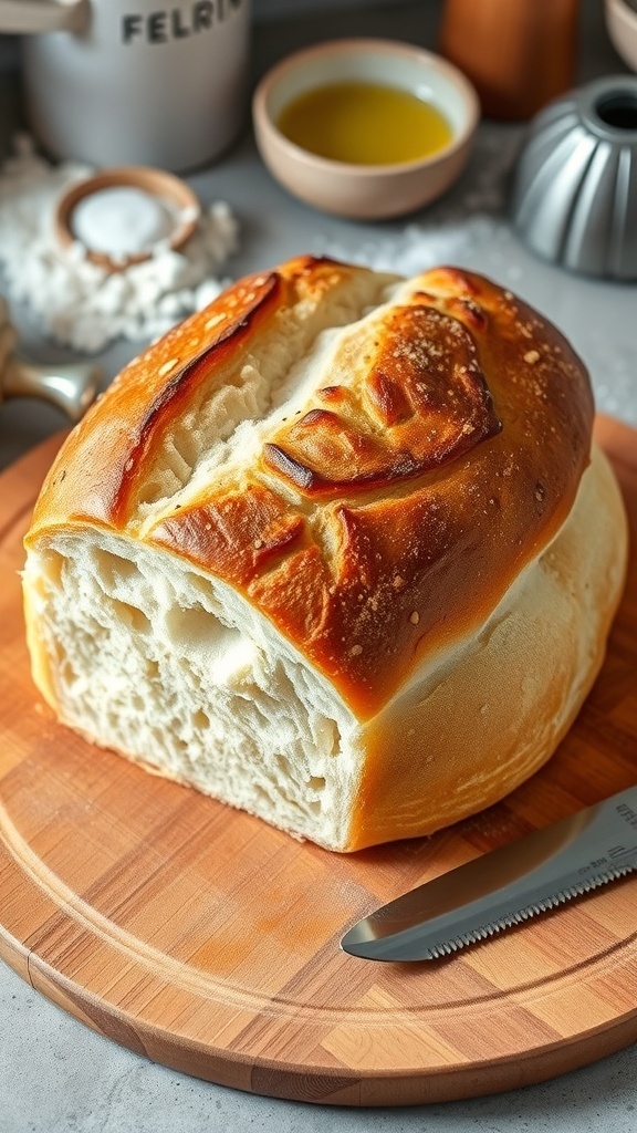 Homemade Ciabatta Bread Recipe Golden ciabatta bread loaf on a wooden board with a knife, set in a cozy kitchen.